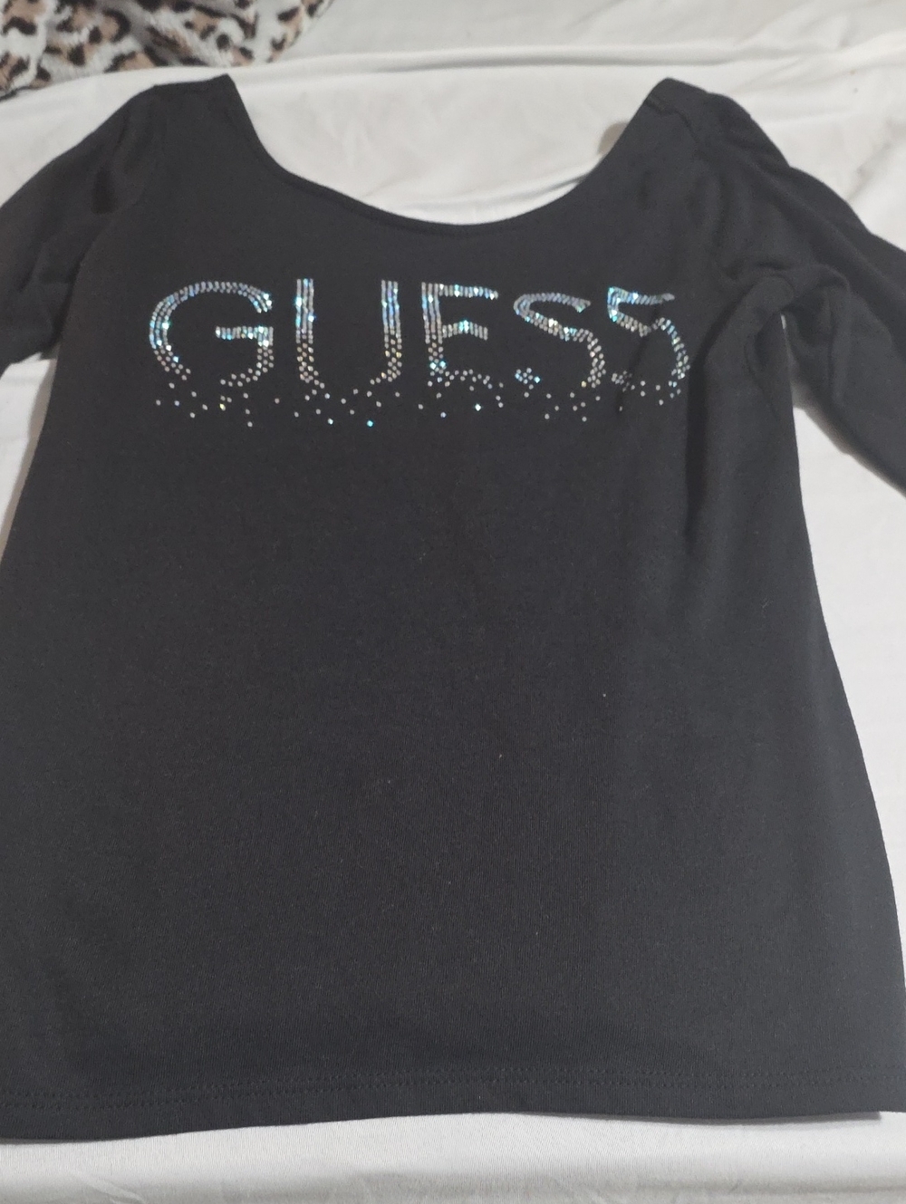 GUESS Black Long-Sleeve Top with Iridescent Rhinestone Logo